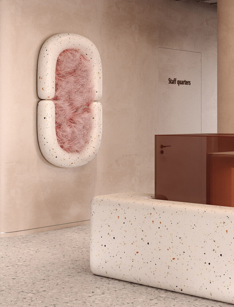 the oval element on the wall is a reference to hygiene procedures and dental care, reminiscent of a toothbrush