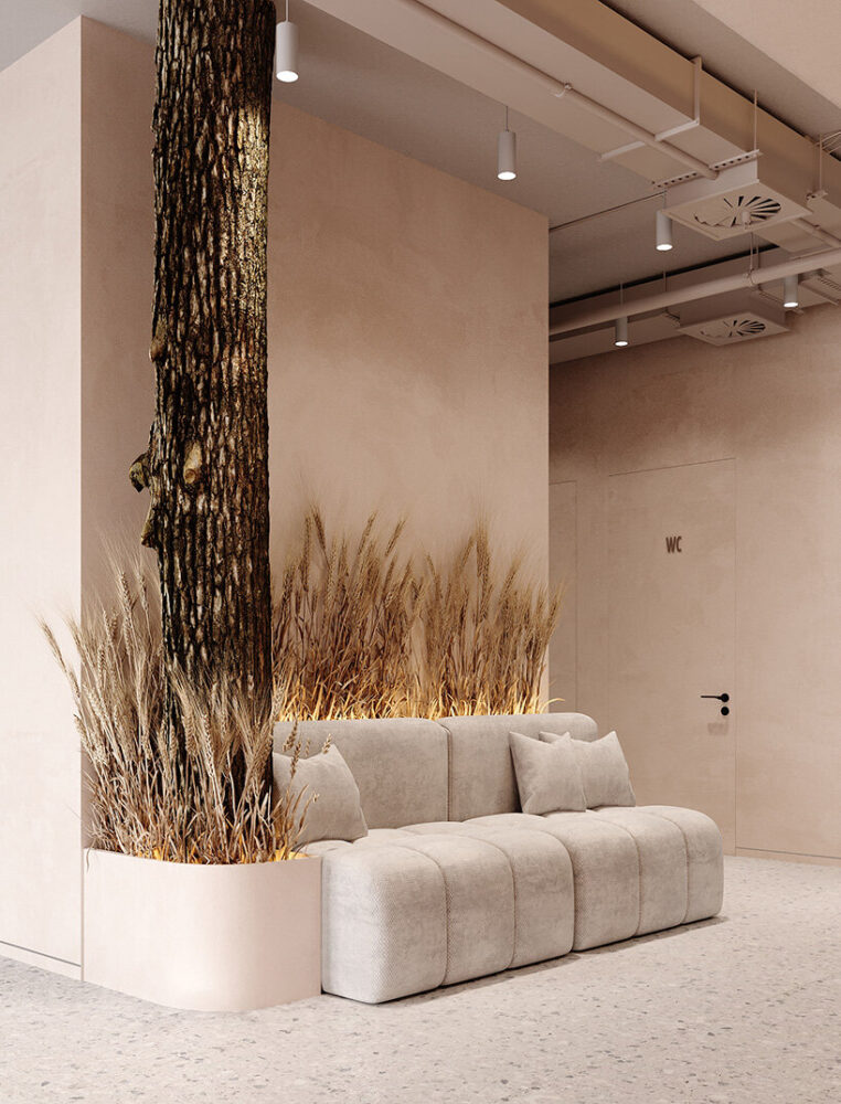 natural materials and repurposed elements are used throughout the clinic