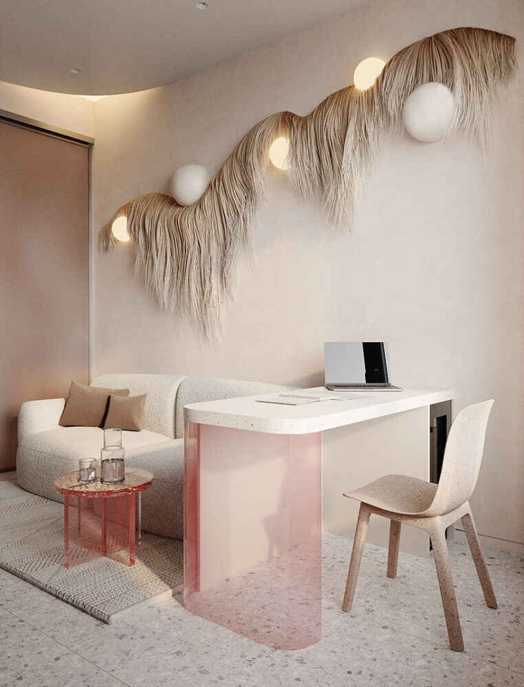 inspired by dental crowns, a convex wall behind the desk features recycled plastic fibers