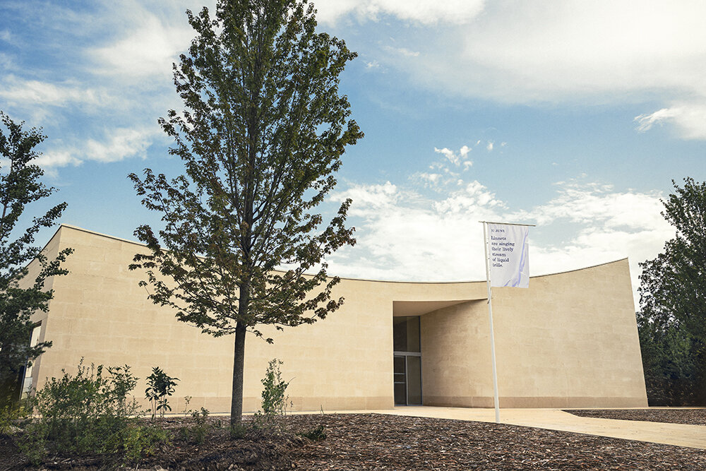 facade of Nicolas Ruinart pavillon with Nature Calendar by Marcus Coates | image © Mathieu Bonnevie