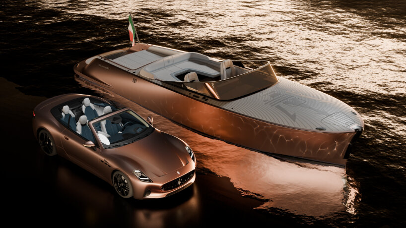 Maserati's GranCabrio Folgore beside its electric powerboat, TRIDENTE