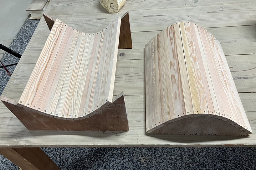 wooden mold for traditional roof tiles, repurposed as a new side table and table lamp design