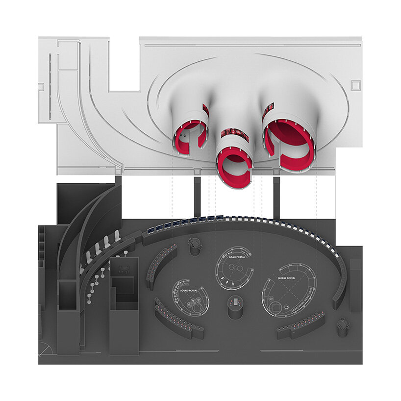 the spatial duality between the ceiling and the floor creates experience portals and browsing zones