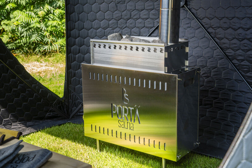 at the heart of the experience is the PortaStove, a compact wood-burning stove 