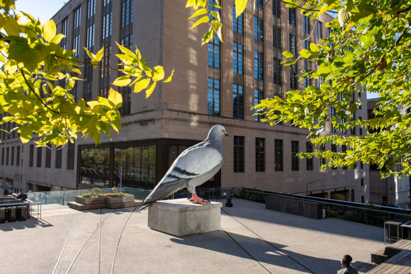 visitors can find the pigeon Dinosaur by Iván Argote over the intersection of 10th Avenue and 30th Streets
