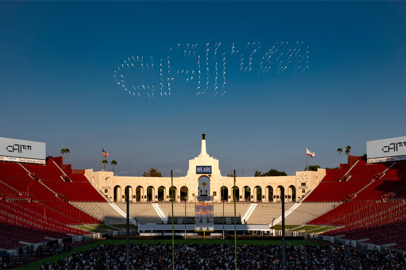 cAI™ logo made out of drones, WE ARE: Explosion Event for PST ART, Act I: ‘Dimensionality Reduction,’ 2024. Realized at LA Memorial Coliseum | image © Kenryou Gu