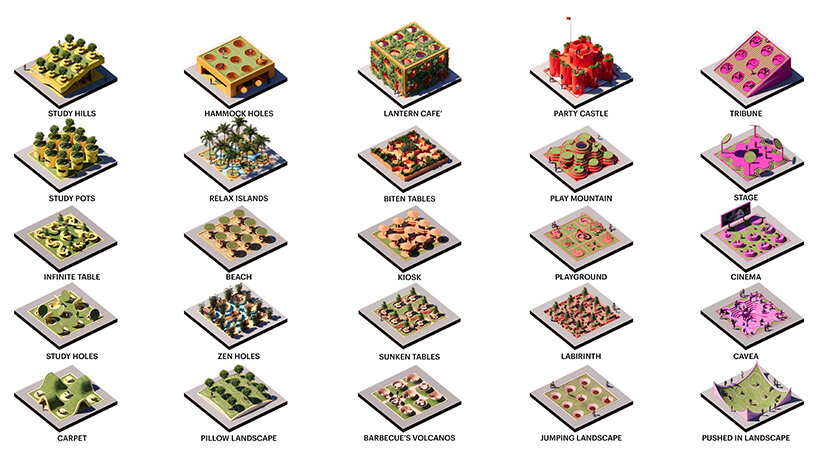 twenty-five different landscapes born from the interaction between five deformative actions and five functions