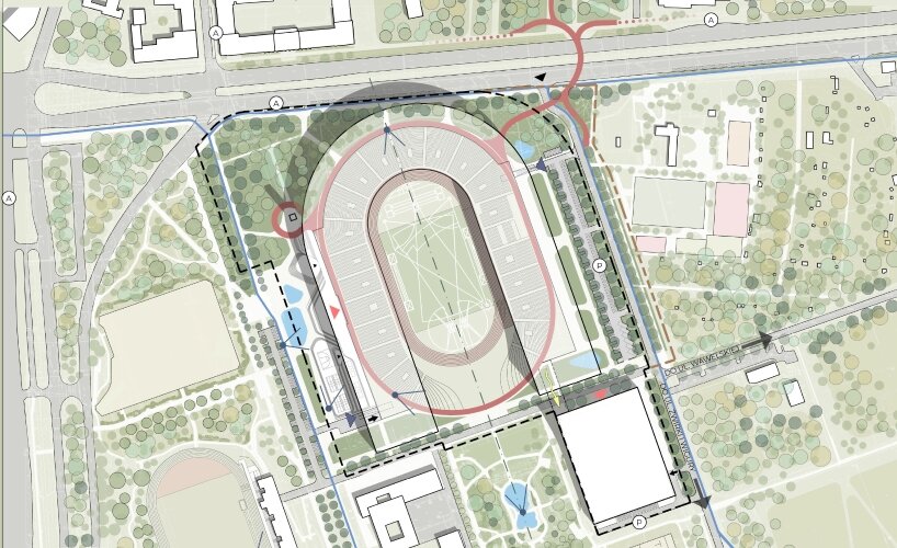 site plan - skywalk bridge connects the other side of the highway with the Stadium