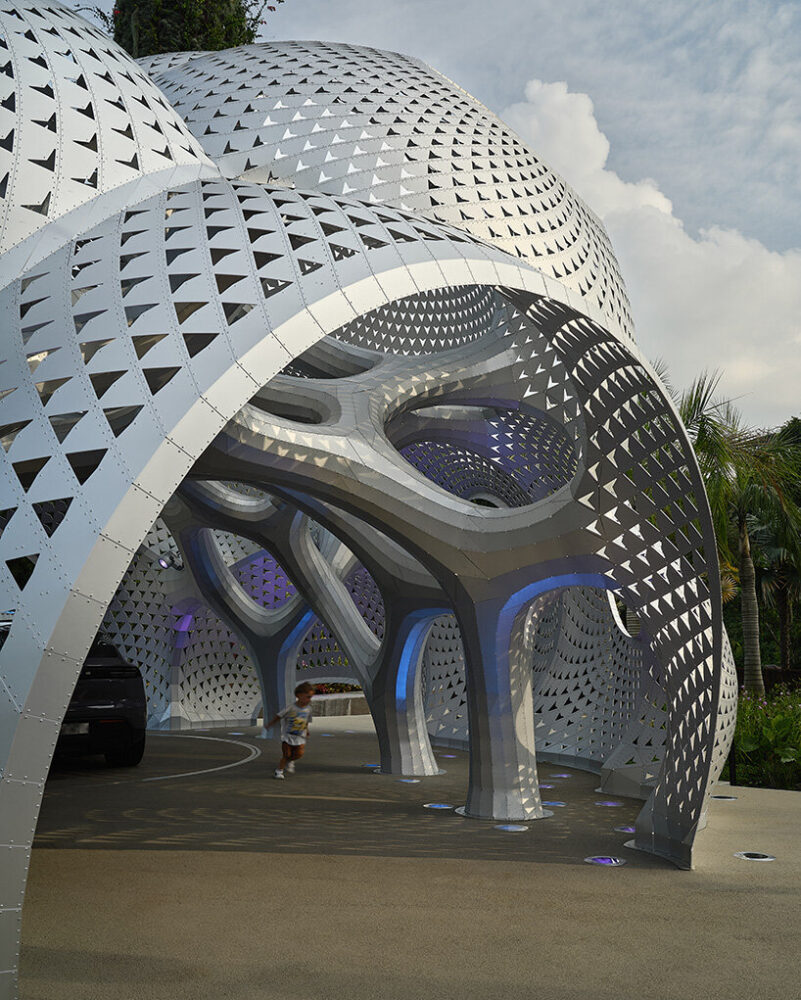 the structural strength of the pavilion lies in the curves of its skin