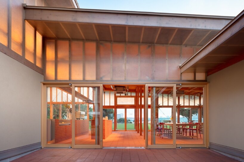 cluster of intimate wooden huts shape blue bottle café in tokyo park