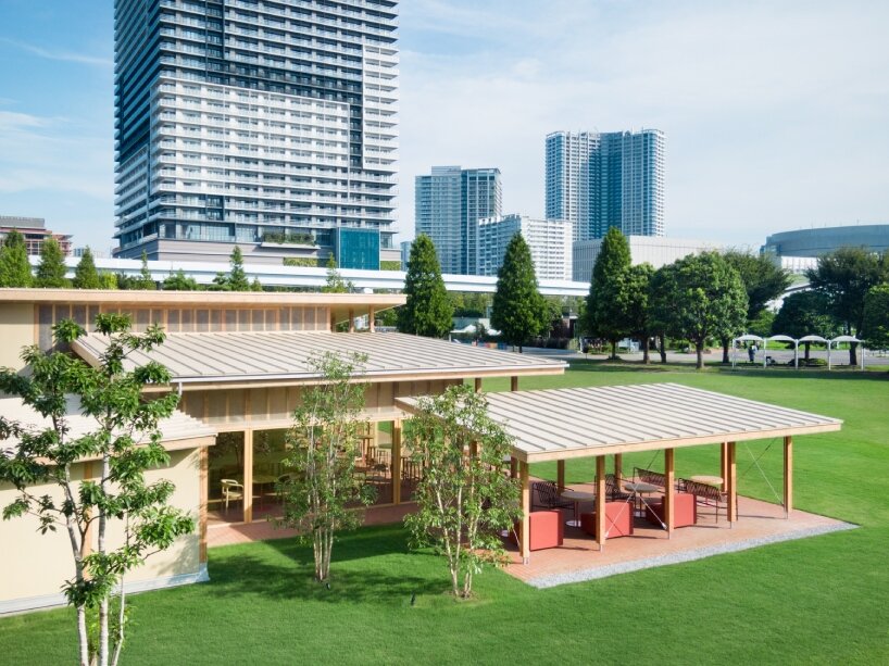 cluster of intimate wooden huts shape schemata architects’ blue bottle café in tokyo park