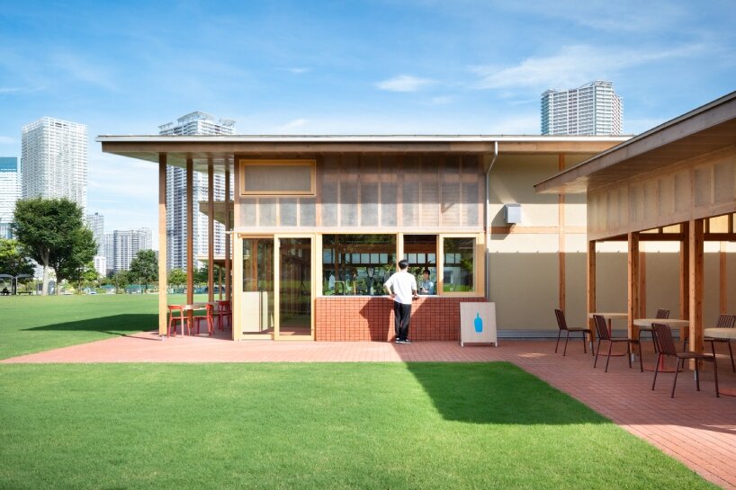 cluster of intimate wooden huts shape schemata architects’ blue bottle café in tokyo park