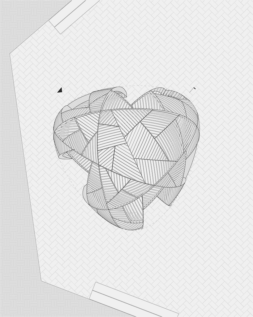 plan drawing illustrating the modular composition of the pavilion as well as its rounded triangular footprint