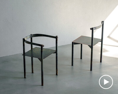 flattened piping becomes linear backrest in masaya kawamoto’s oxidized steel chair