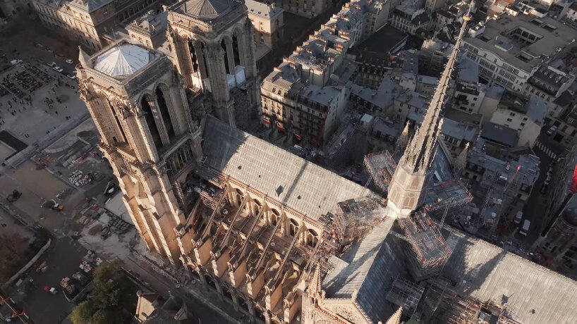 view of the Notre-Dame Cathedral in Paris with the spires installed