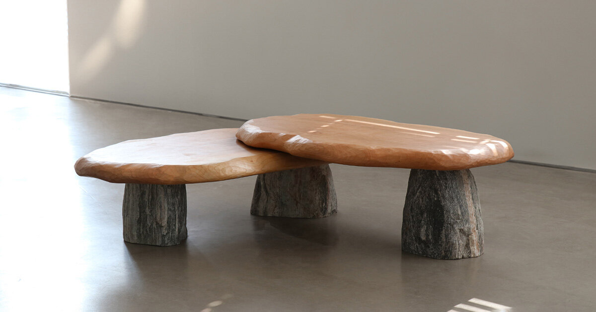 wood and stone shape mushroom-like tables in batten and kamp x
