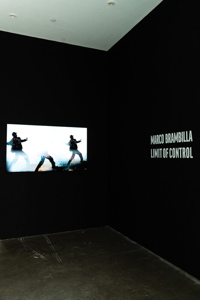installation view of Marco Brambilla’s Limit of Control (prompted) and Limit of Control, 2024 | image by Han Nguyen, courtesy of the artist and bitforms gallery