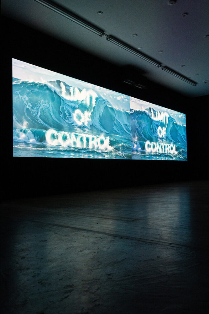 installation view of Marco Brambilla’s Limit of Control (prompted) and Limit of Control, 2024 | image by Han Nguyen, courtesy of the artist and bitforms gallery