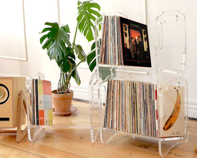transparent vinyl record shelving system allows for multiple configurations