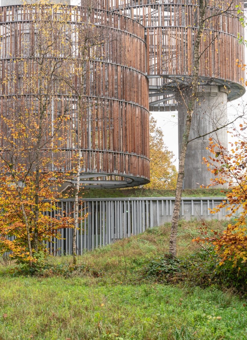 Temperaturas Extremas' wood and cork towers create water reservoir and wildlife shelter in luxembourg forest