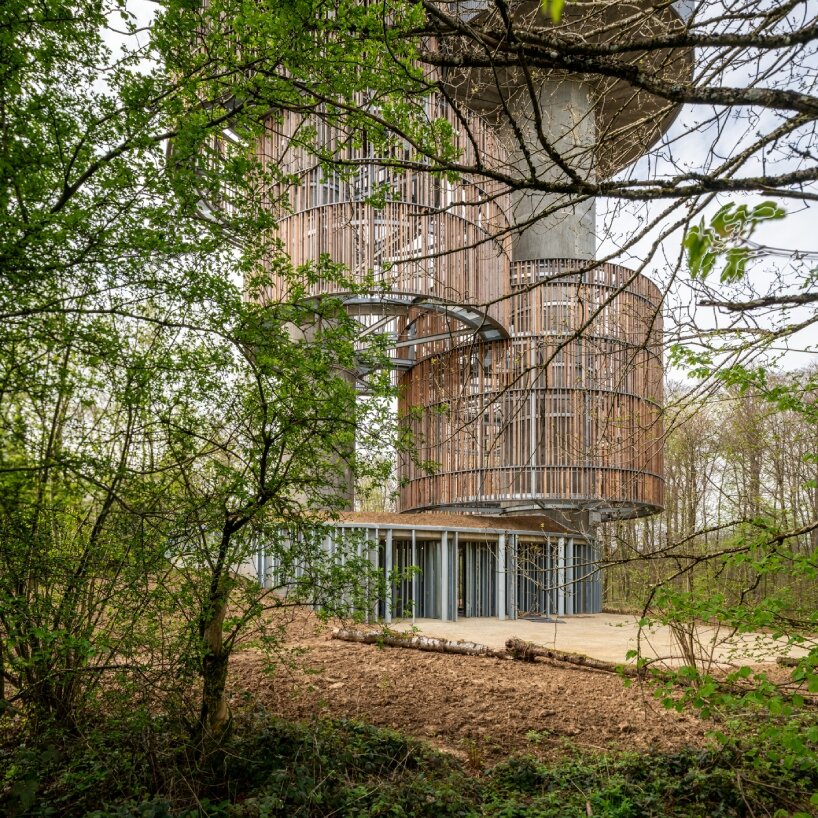 Temperaturas Extremas' wood and cork towers create water reservoir and wildlife shelter in luxembourg forest