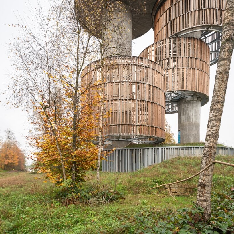 Temperaturas Extremas' wood and cork towers create water reservoir and wildlife shelter in luxembourg forest