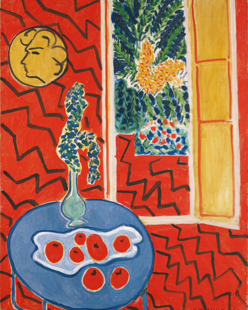Henri Matisse, Intérieur rouge, nature morte sur table bleue (Red Interior: Still Life on a Blue Table), 1947, Kunstsammlung Nordrhein-Westfalen, Düsseldorf, purchased 1964 from a donation by Westdeutscher Rundfunk © Succession H. Matisse / 2024, ProLitteris, Zurich, photo: bpk / Kunstsammlung Nordrhein-Westfalen, Düsseldorf / Walter Klein