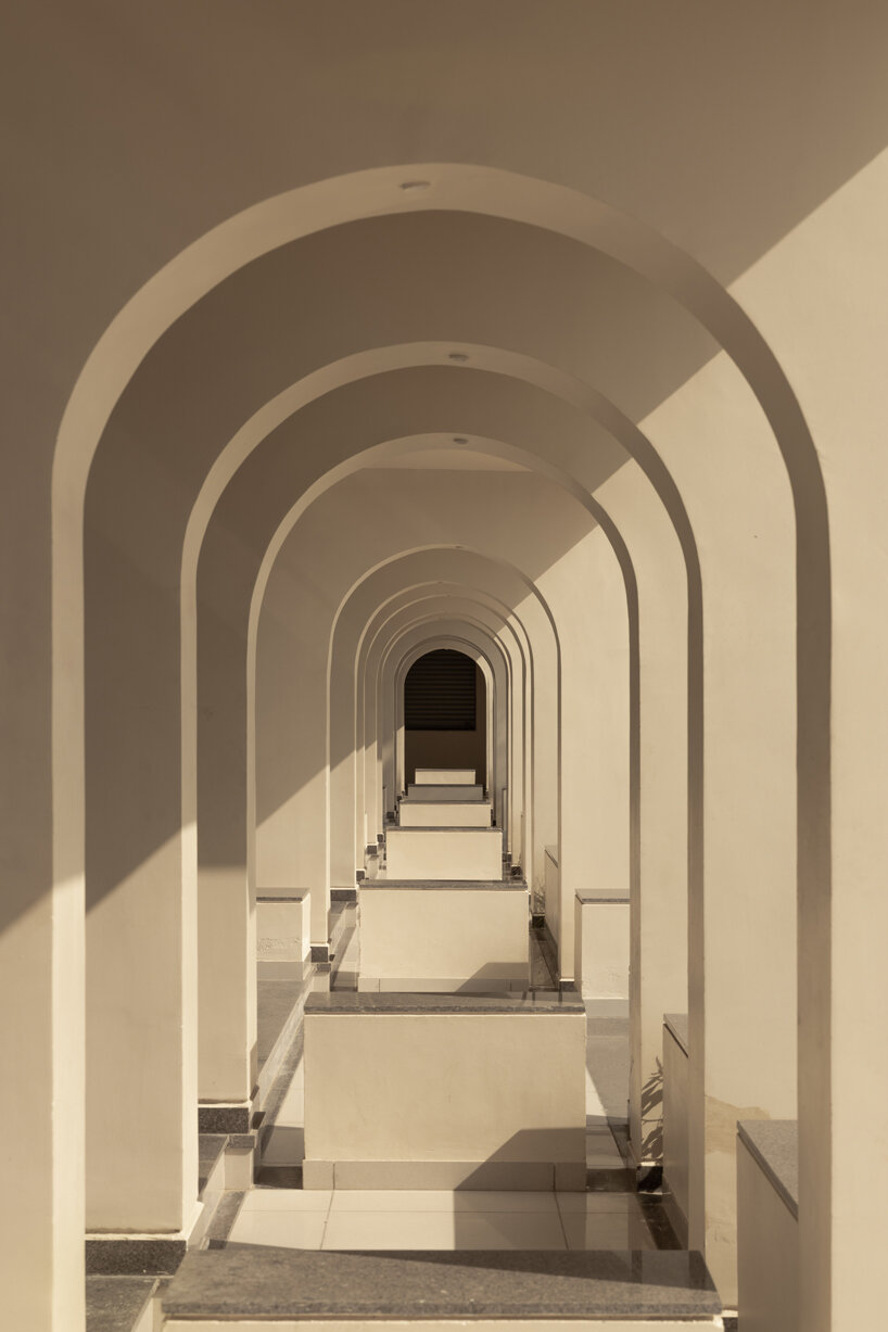 fixed furniture breaking the monotony of the space and adding visual interest to the overall composition