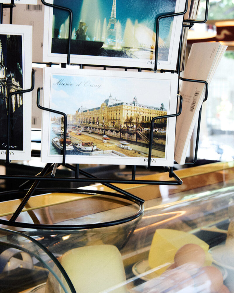 the space is infused with authentic retro elements, including a postcard holder