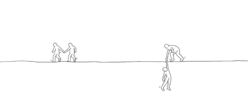 sequence depicting two people performing a scene that requires cooperation, such as walking a tightrope