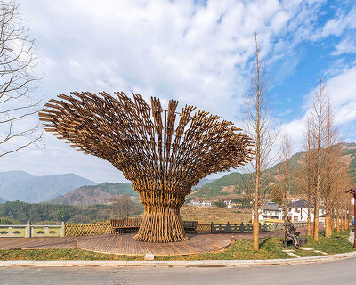 intersecting bamboo segments form umbrella-like pavilion by MUFU ARCHLAB in china