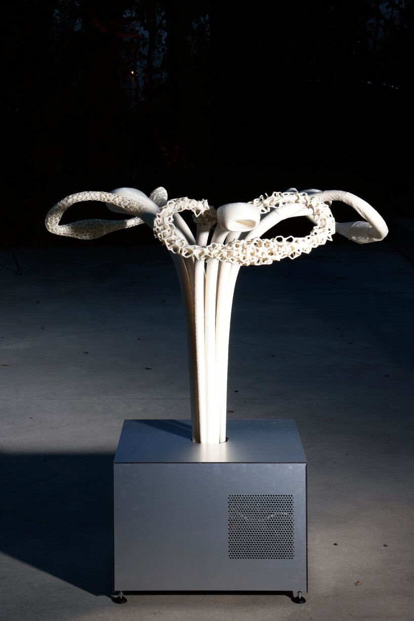 viewers are encouraged to interact with its rugged, earthy texture