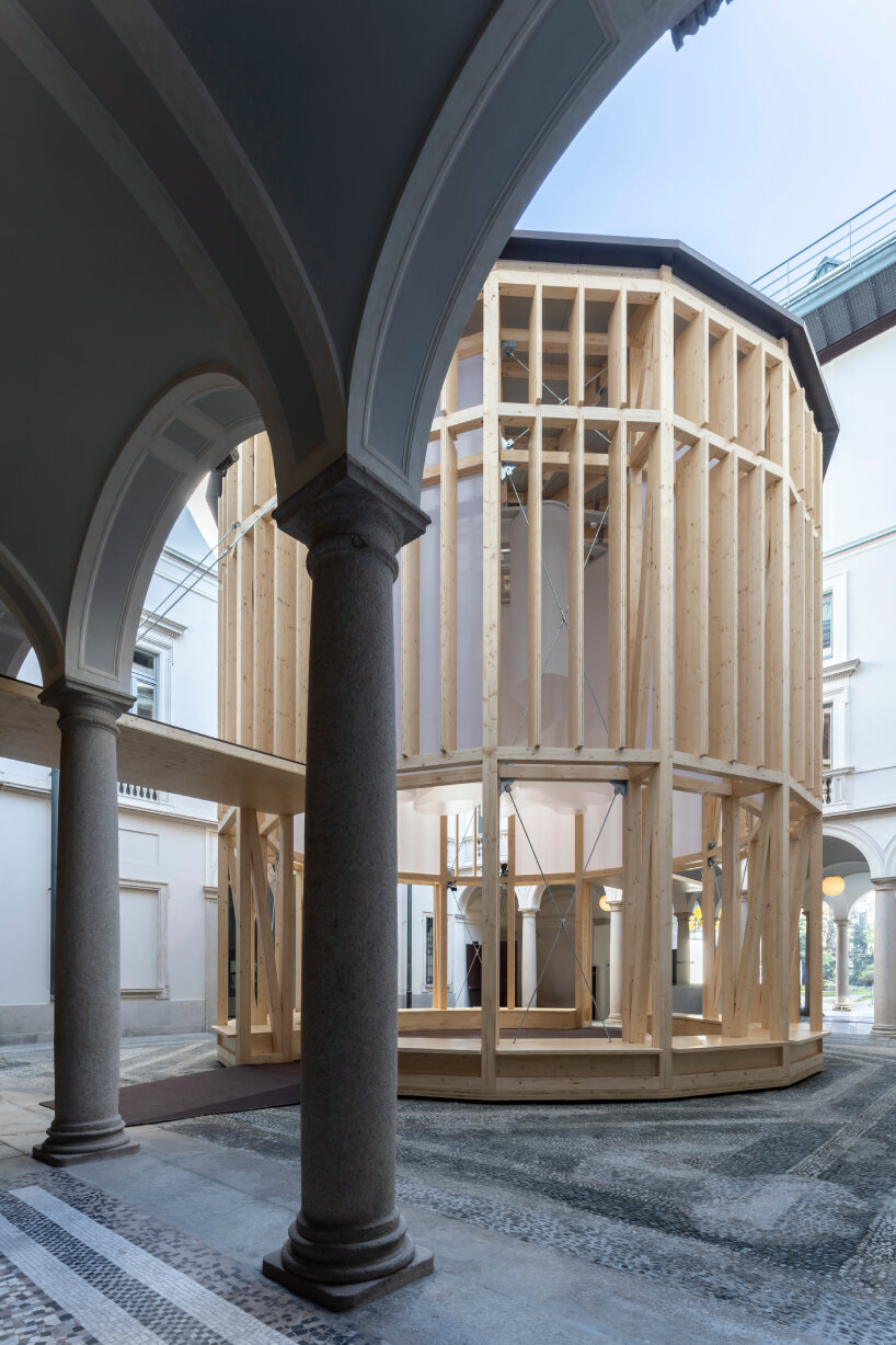 view of the temple-inspired wooden pavilion