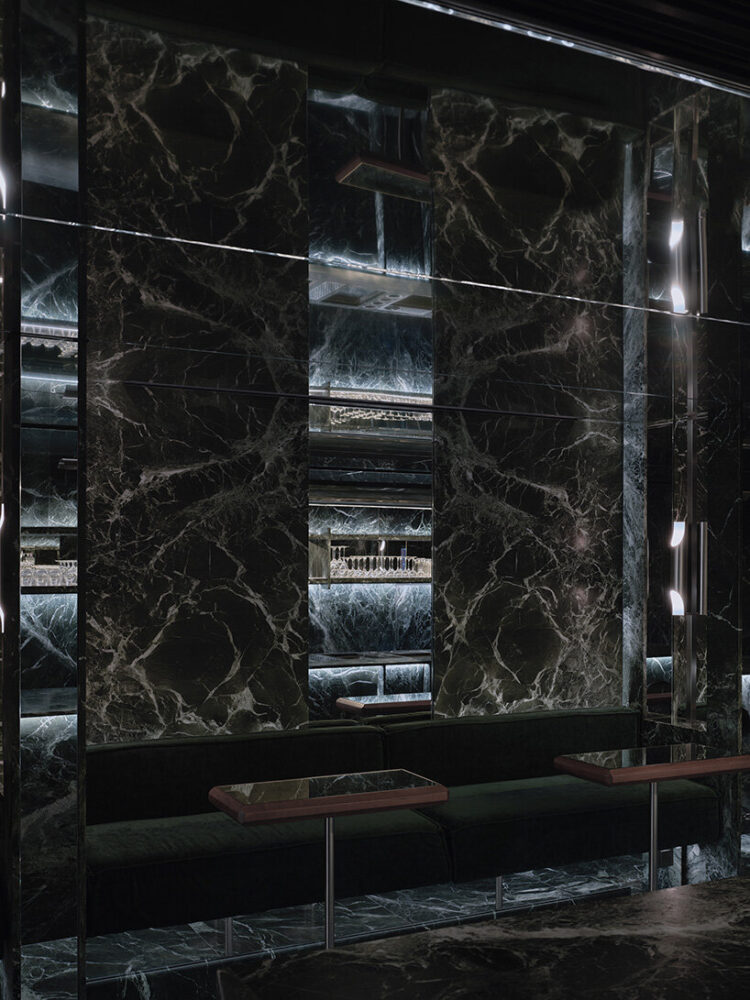 the material forms banquettes, a DJ booth, and even footrests