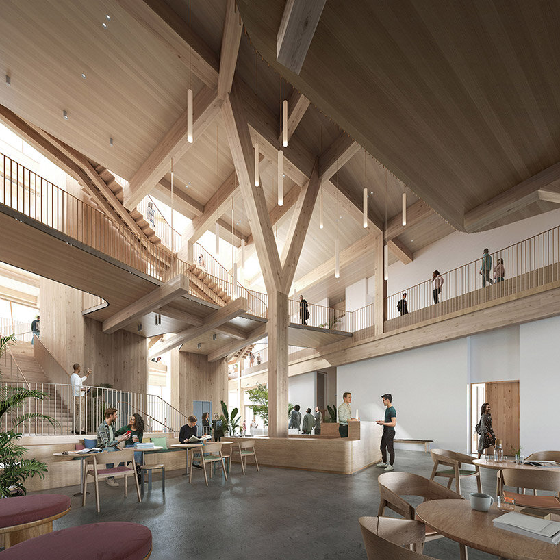 the building incorporates sustainable features like rooftop solar panels and rainwater reuse systems