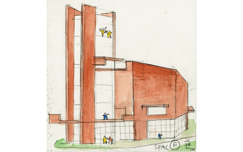 Student Performing Arts Center, University of Pennsylvania, Philadelphia, USA. Variante F, Fassade, 2021, Aquarell und Bleistift auf Papier, 20,32 × 20,32 cm © Steven Holl