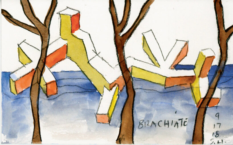 Rhinebeck Campus, Archiv & Bibliothek, Rhinebeck, New York, USA. Verzweigung, 2018, Aquarell und Kohle auf Papier, 12,7 × 20,32 cm © Steven Holl