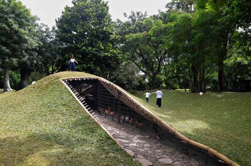 woven bamboo encloses urban chicken coop pavilion in jakarta park by RAD+ar