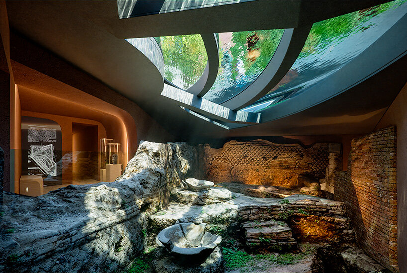 archeological finds, under the transparent water basin in the garden | image by Chris Dalton, courtesy Romeo Collection