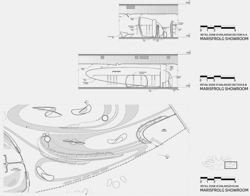 showroom, retail zone 1 sections and plan by Zaha Hadid Architects