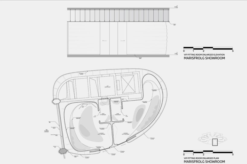 VIP fitting room elevation and plan by Zaha Hadid Architects