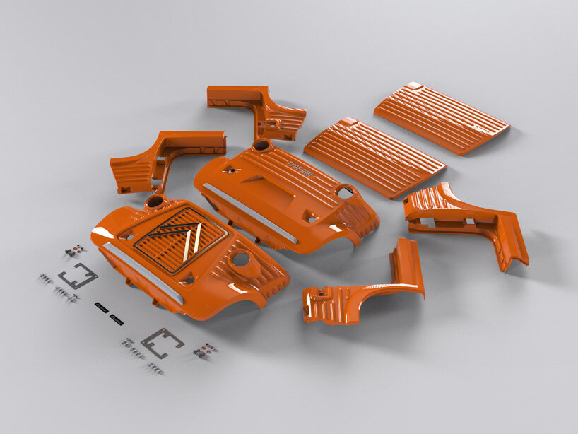 the kit consists of fiberglass body panels and the necessary brackets and screws