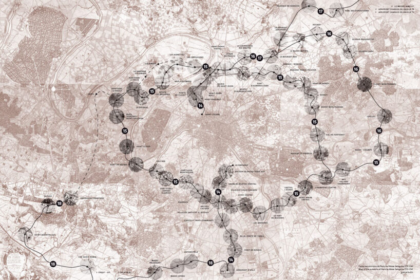 superimposition of the Grand Paris Express network à la Carte des environs de Paris de l’Abbé Delagrive, 1731-1741 | courtesy of Source gallica.bnf.fr / BnF / Dominique Perrault Architecte, ADAGP