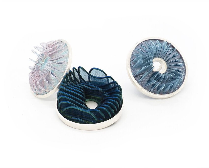 Brooch and Rings, 3D Printed TPU on Organza (Thermoplastic Polyurethane), 3D Printed PLA (Polylactic Acid), Sterling Silver, Stainless Steel