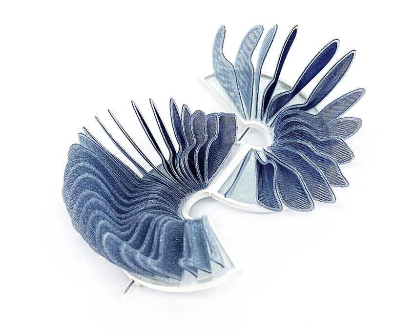 Brooch, 3D Printed TPU on Organza (Thermoplastic Polyurethane), Sterling Silver, Stainless Steel