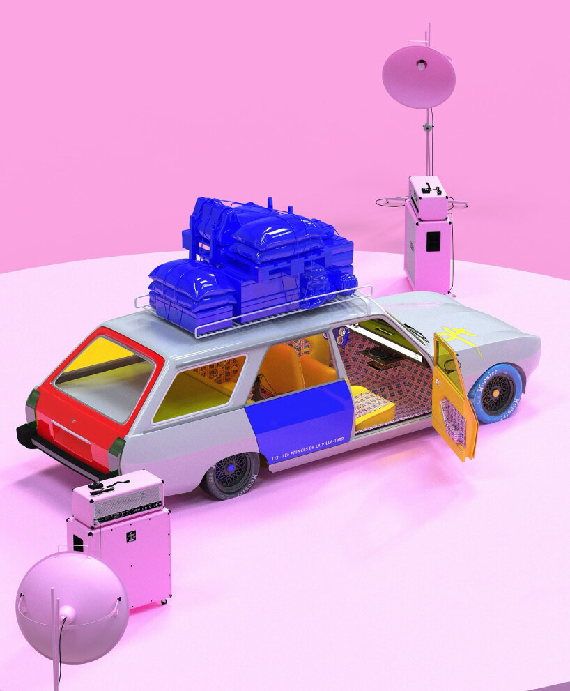 the silver concept model has a red and blue design elements on the side