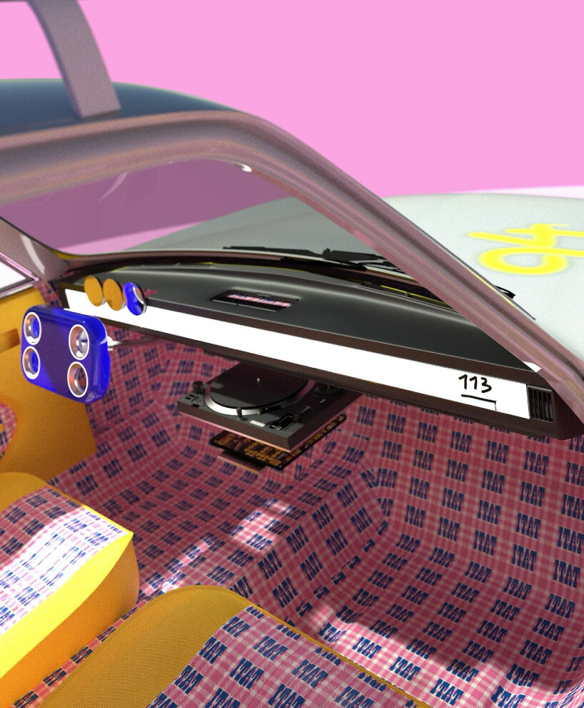 the interior also features pink upholstery with yellow accents