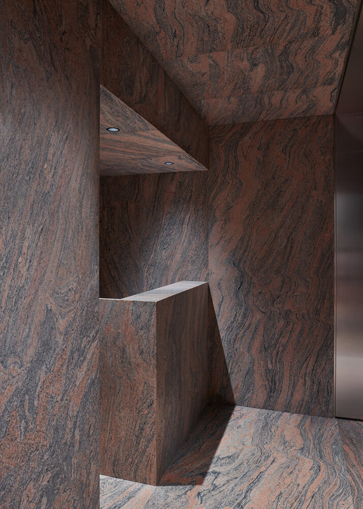 the granite combines pink and gray hues