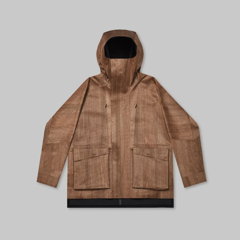 from afar, the Vollebak Wooden Jacket prototype looks like a tree trunk or a freshly varnished plank