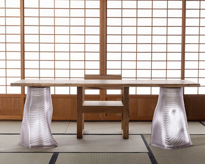 3D scanned tree trunks become translucent table legs for aki hamada architects' collection